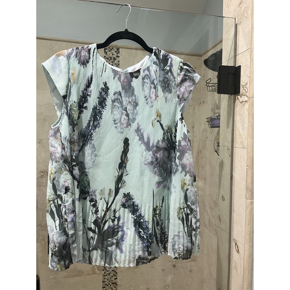 TED BAKER Nardiya Floral Pleated Blouse Top Shirt Blue Green Chiffon Sz 3 M 8